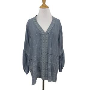 Johnny Was Top Womens L Large Grey Tatiana Semi Sheer V Neck Embroidered Eyelet
